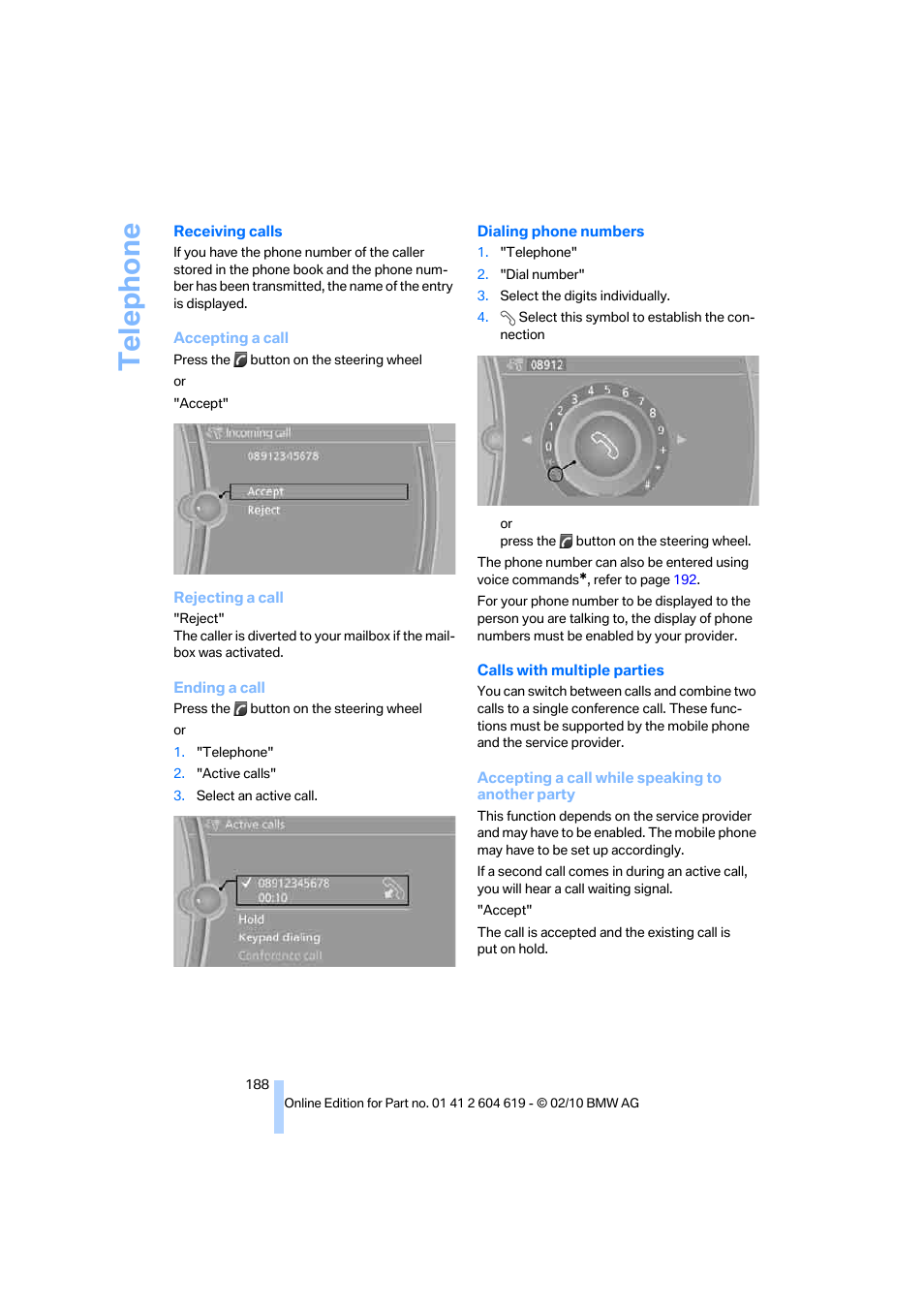 Te lephone | BMW 335is Convertible 2011 User Manual | Page 190 / 278