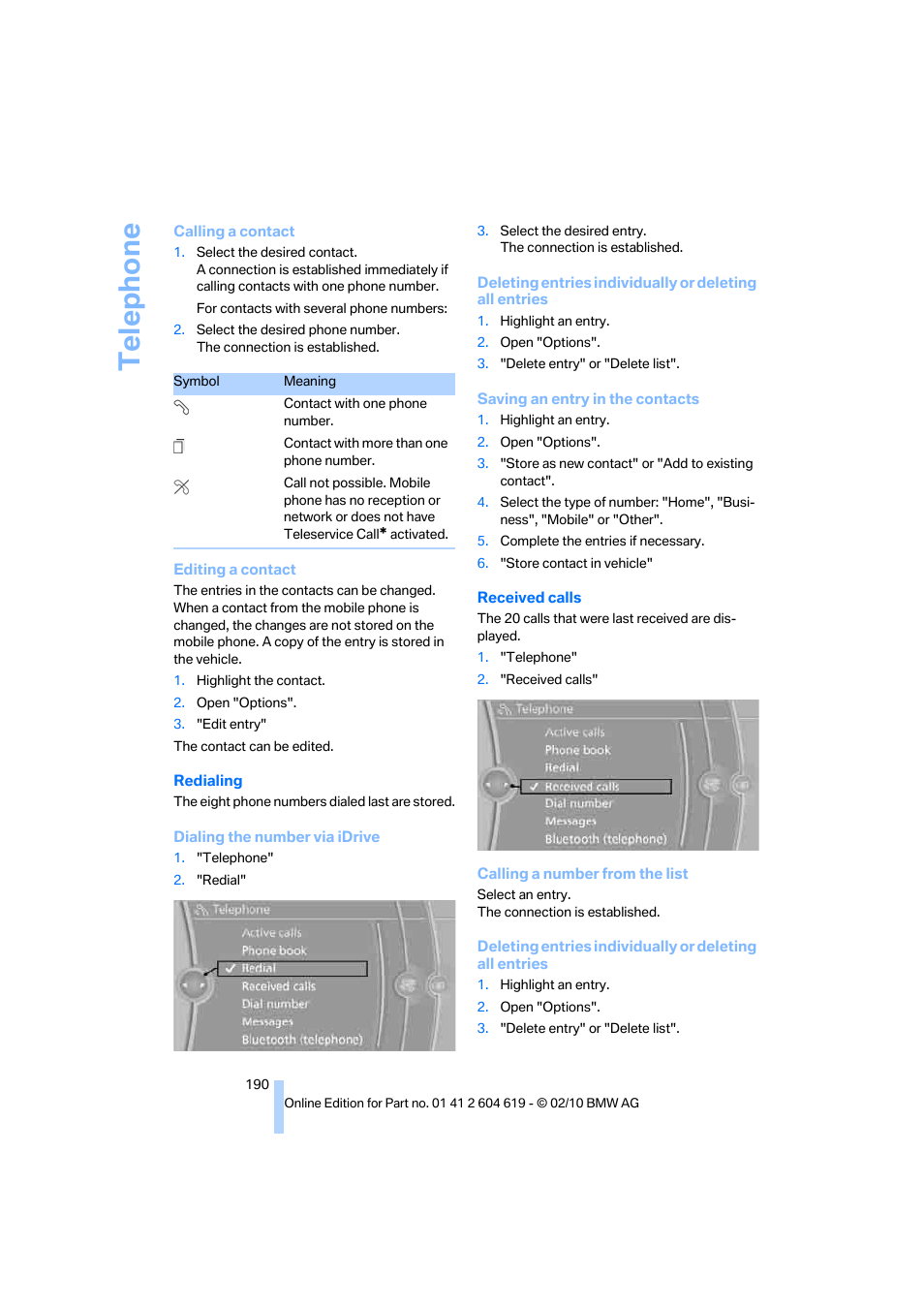 Te lephone | BMW 335is Convertible 2011 User Manual | Page 192 / 278