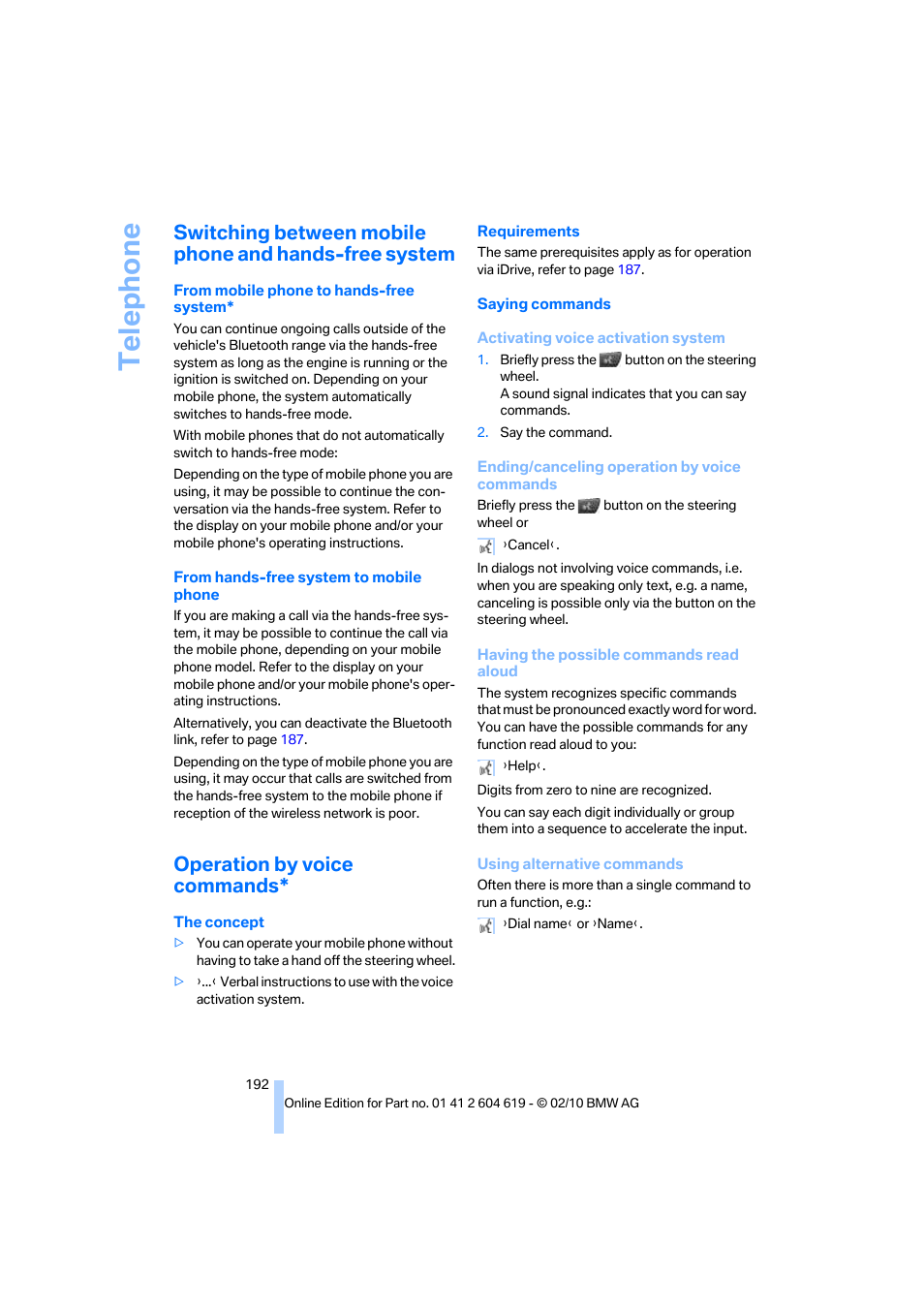 Operation by voice commands, Te lephone | BMW 335is Convertible 2011 User Manual | Page 194 / 278