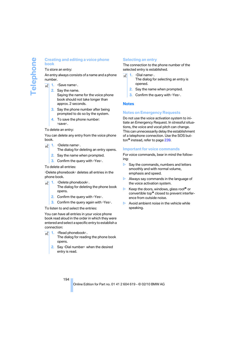 Te lephone | BMW 335is Convertible 2011 User Manual | Page 196 / 278