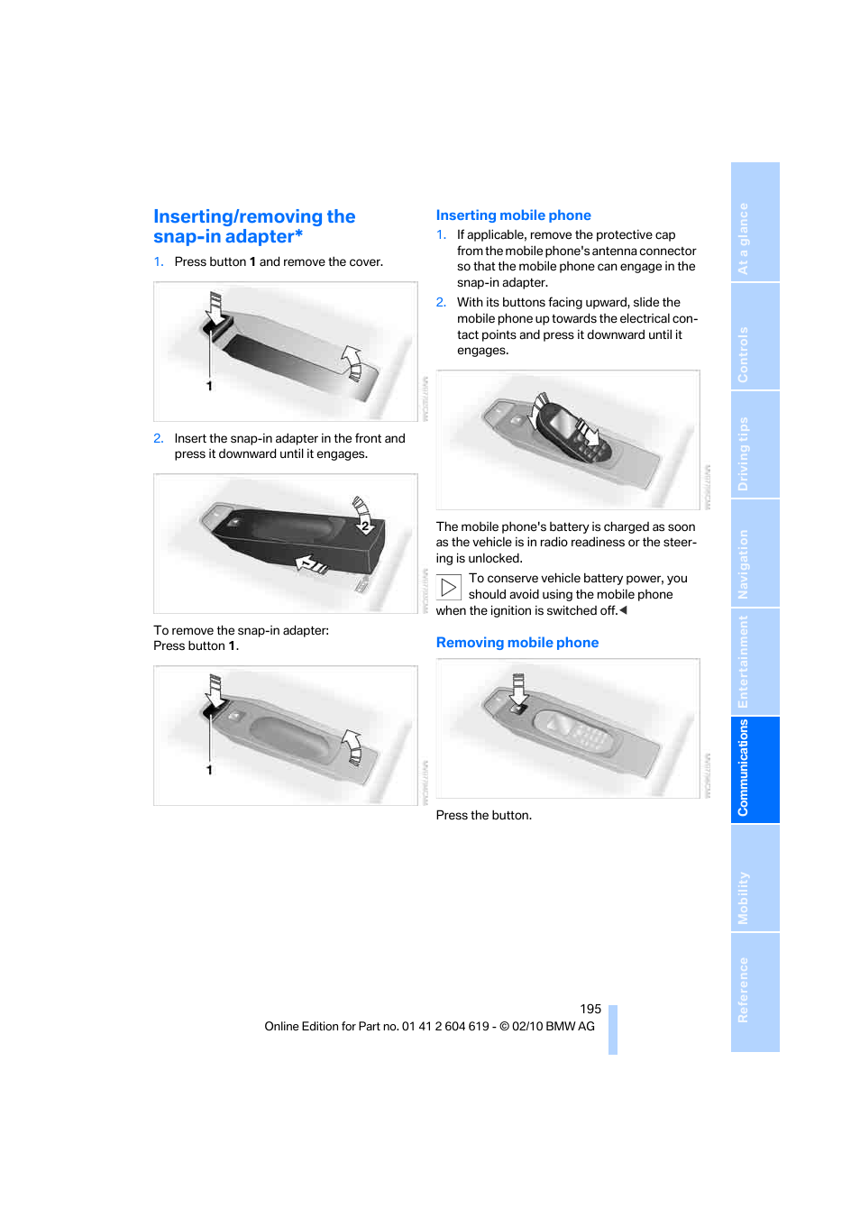 Inserting/removing the snap-in adapter | BMW 335is Convertible 2011 User Manual | Page 197 / 278