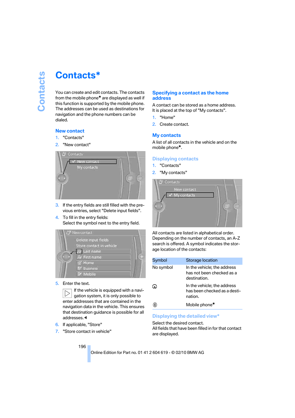 Contacts | BMW 335is Convertible 2011 User Manual | Page 198 / 278