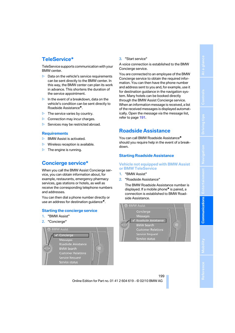 Teleservice, Concierge service, Roadside assistance | BMW 335is Convertible 2011 User Manual | Page 201 / 278