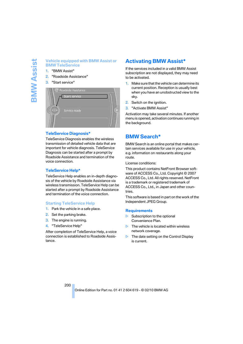 Activating bmw assist, Bmw search, Bmw assist | BMW 335is Convertible 2011 User Manual | Page 202 / 278