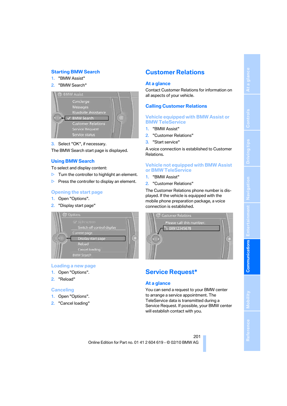 Customer relations, Service request | BMW 335is Convertible 2011 User Manual | Page 203 / 278