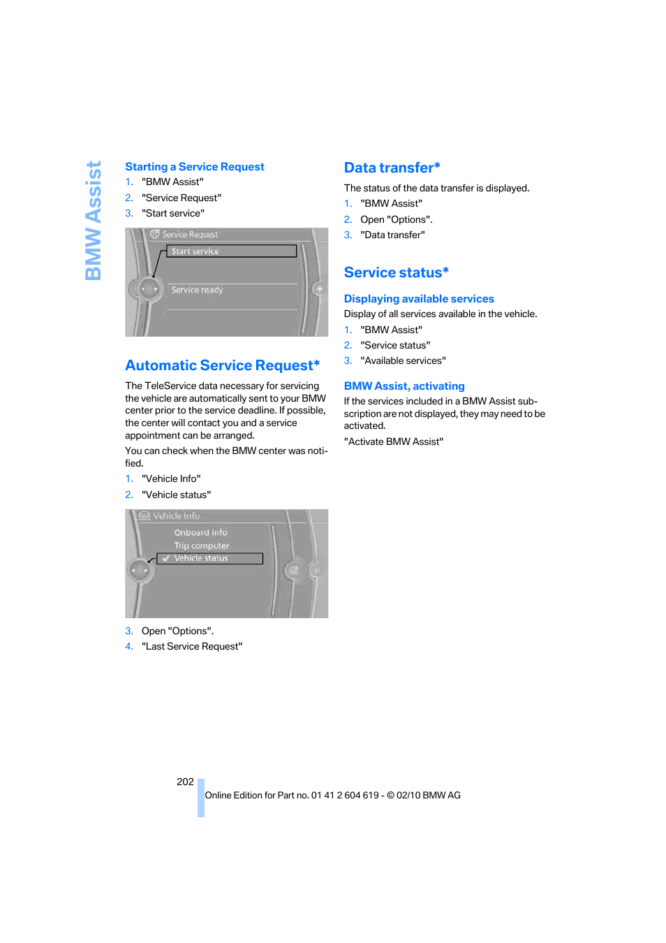 Automatic service request, Data transfer, Service status | Bmw assist | BMW 335is Convertible 2011 User Manual | Page 204 / 278