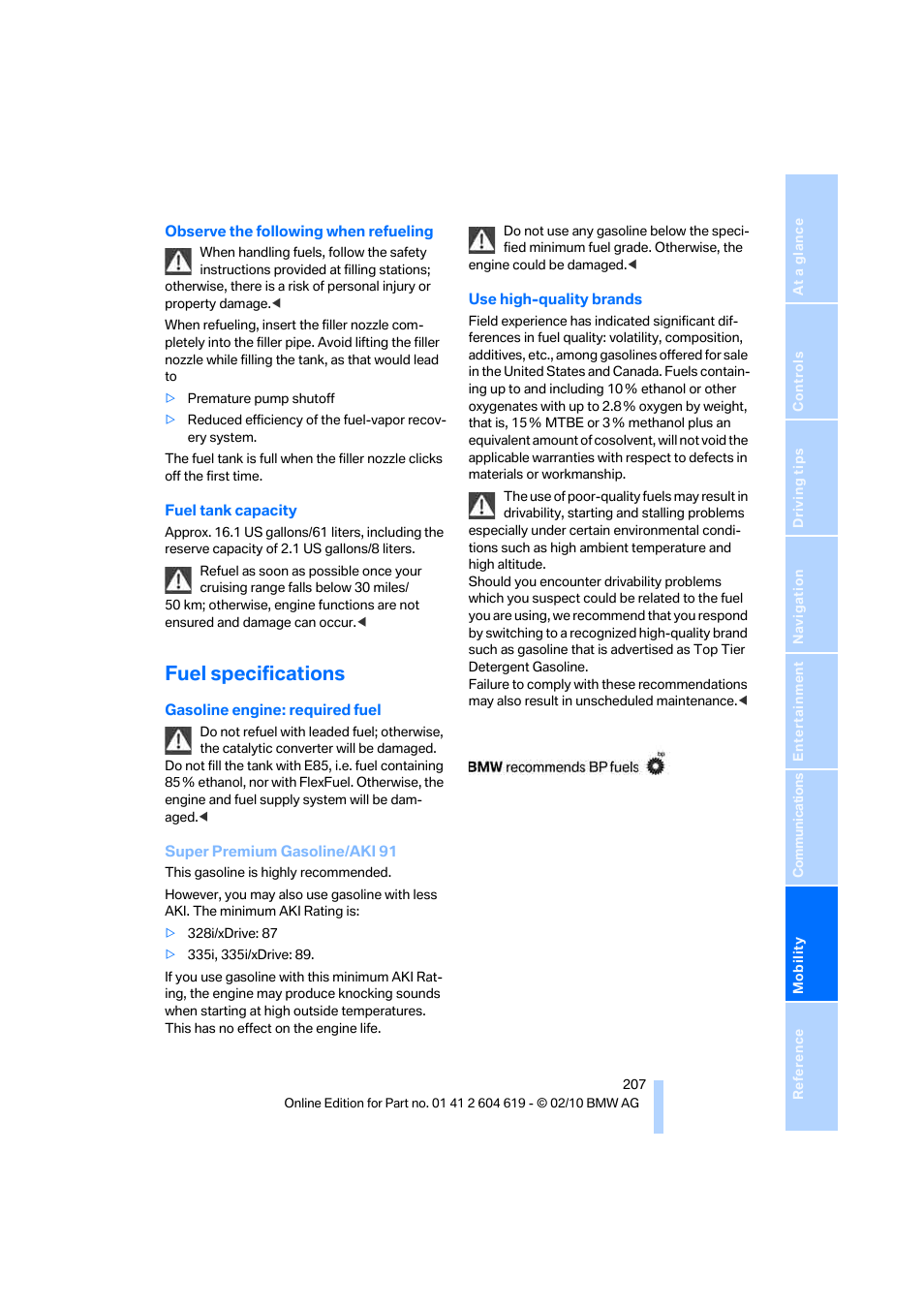 Fuel specifications | BMW 335is Convertible 2011 User Manual | Page 209 / 278
