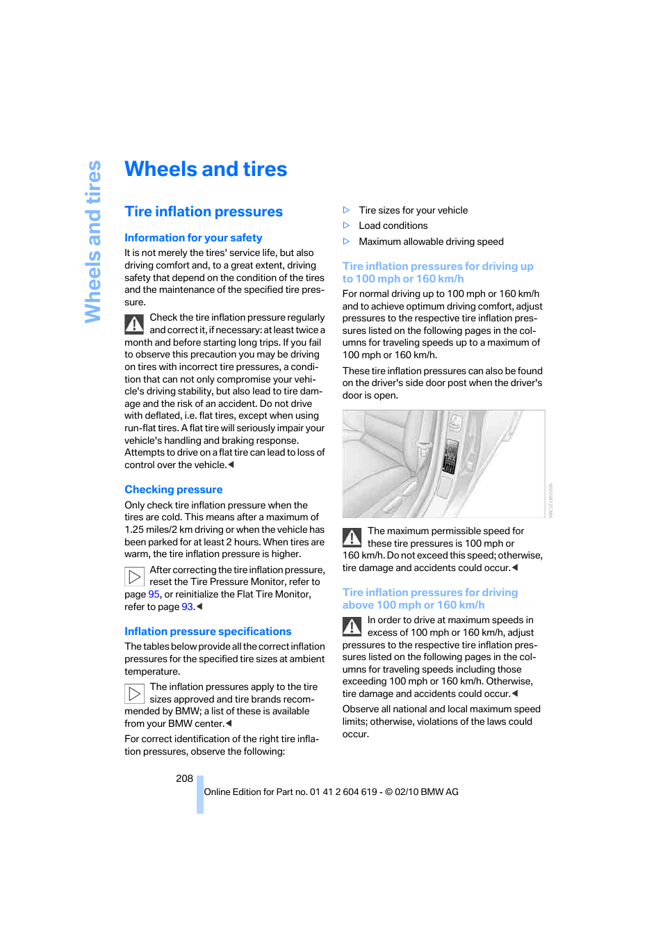 Wheels and tires, Tire inflation pressures | BMW 335is Convertible 2011 User Manual | Page 210 / 278