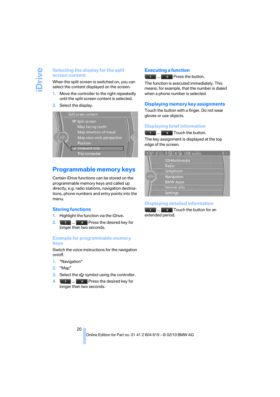 Programmable memory keys, Idrive | BMW 335is Convertible 2011 User Manual | Page 22 / 278