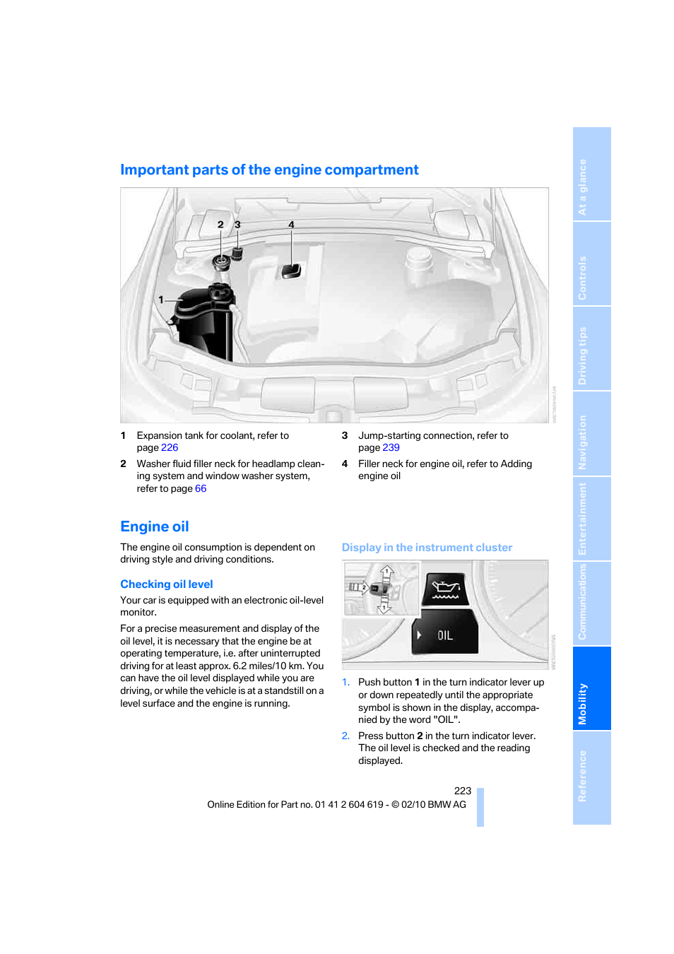 Important parts of the engine compartment, Engine oil, Il level | BMW 335is Convertible 2011 User Manual | Page 225 / 278