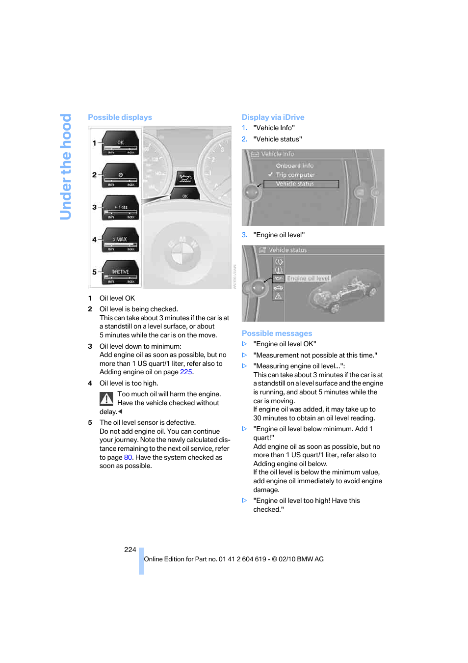 Under the hood | BMW 335is Convertible 2011 User Manual | Page 226 / 278