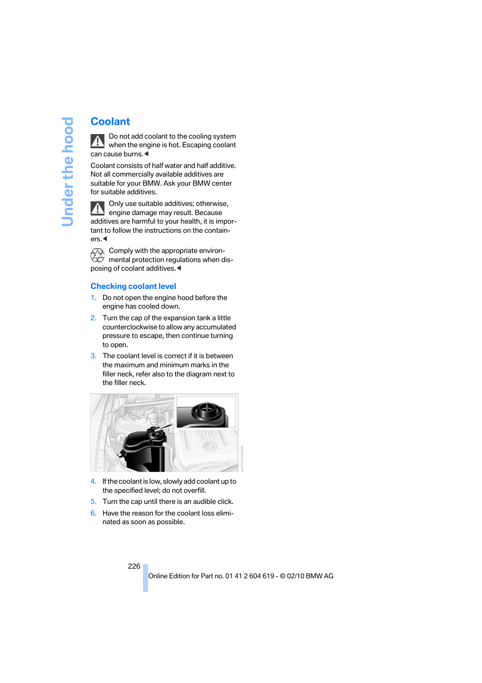 Coolant, Under the hood | BMW 335is Convertible 2011 User Manual | Page 228 / 278