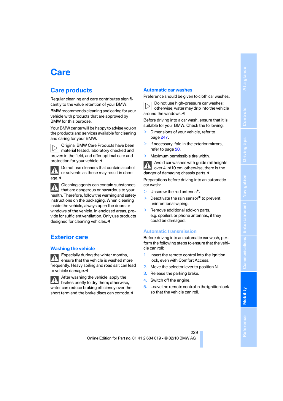 Care, Care products, Exterior care | BMW 335is Convertible 2011 User Manual | Page 231 / 278