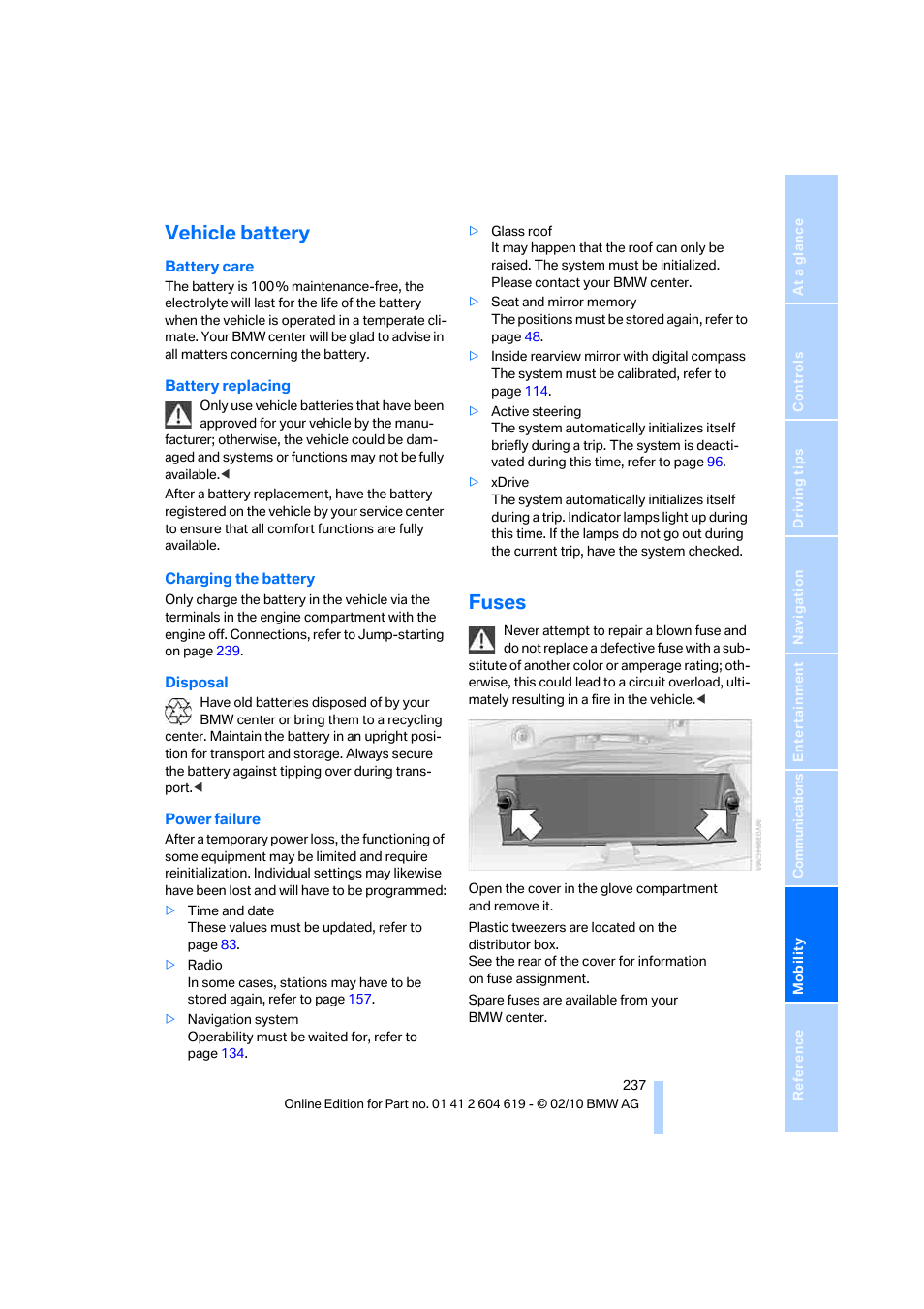 Vehicle battery, Fuses | BMW 335is Convertible 2011 User Manual | Page 239 / 278