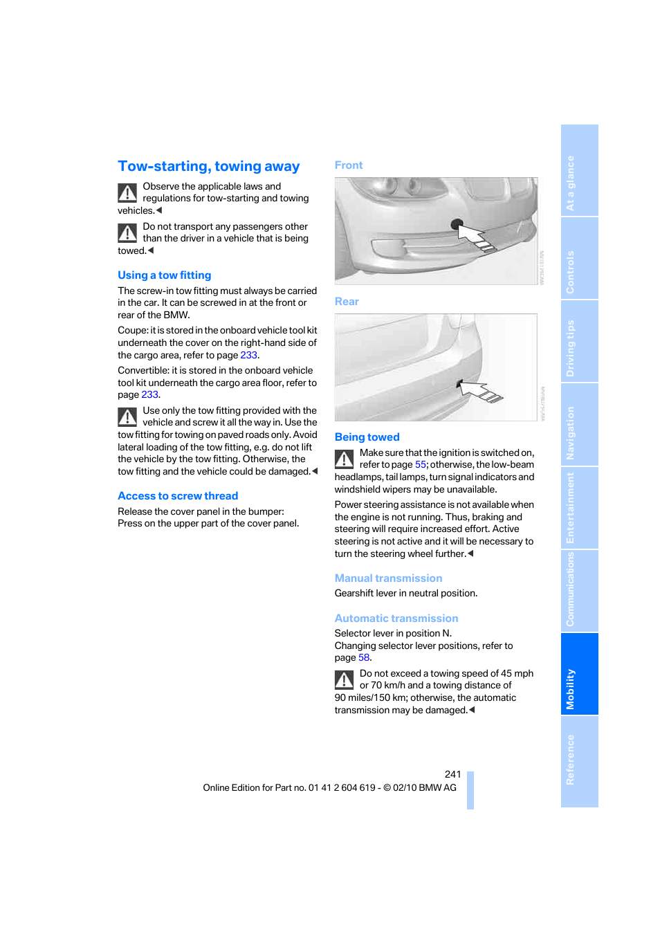 Tow-starting, towing away | BMW 335is Convertible 2011 User Manual | Page 243 / 278