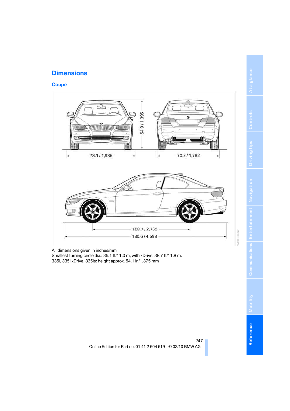 Dimensions | BMW 335is Convertible 2011 User Manual | Page 249 / 278