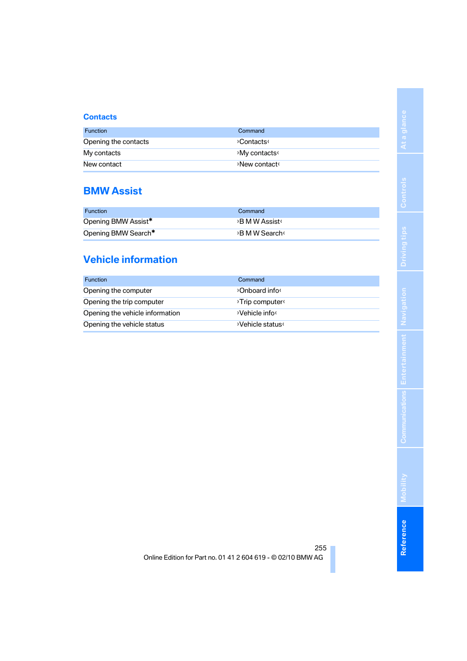 Bmw assist, Vehicle information, Bmw assist vehicle information | BMW 335is Convertible 2011 User Manual | Page 257 / 278