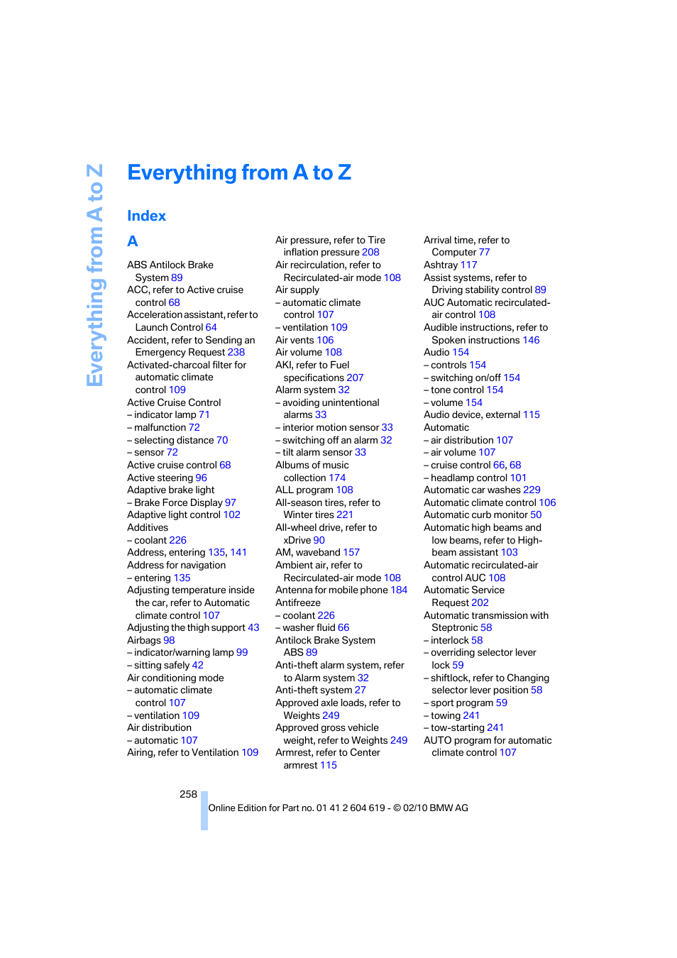 Everything from a to z, Index, Index a | BMW 335is Convertible 2011 User Manual | Page 260 / 278