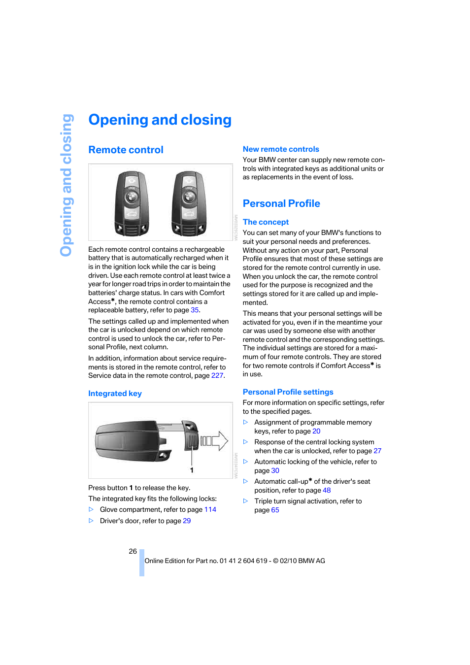 Opening and closing, Remote control, Personal profile | BMW 335is Convertible 2011 User Manual | Page 28 / 278