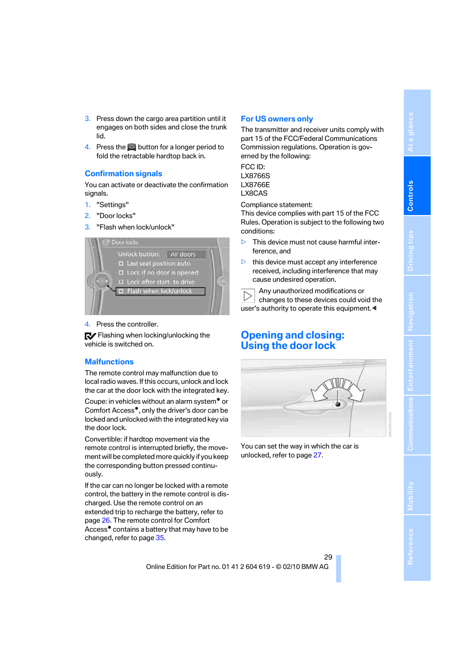 Opening and closing: using the door lock | BMW 335is Convertible 2011 User Manual | Page 31 / 278