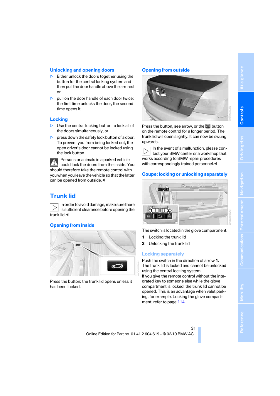 Trunk lid | BMW 335is Convertible 2011 User Manual | Page 33 / 278