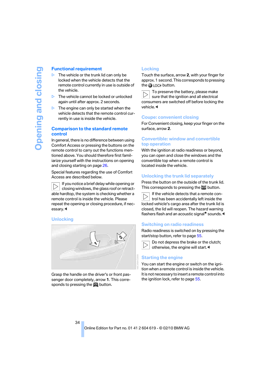 Opening and closing | BMW 335is Convertible 2011 User Manual | Page 36 / 278