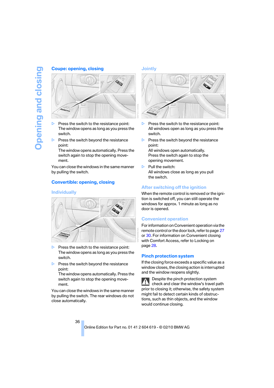 Opening and closing | BMW 335is Convertible 2011 User Manual | Page 38 / 278