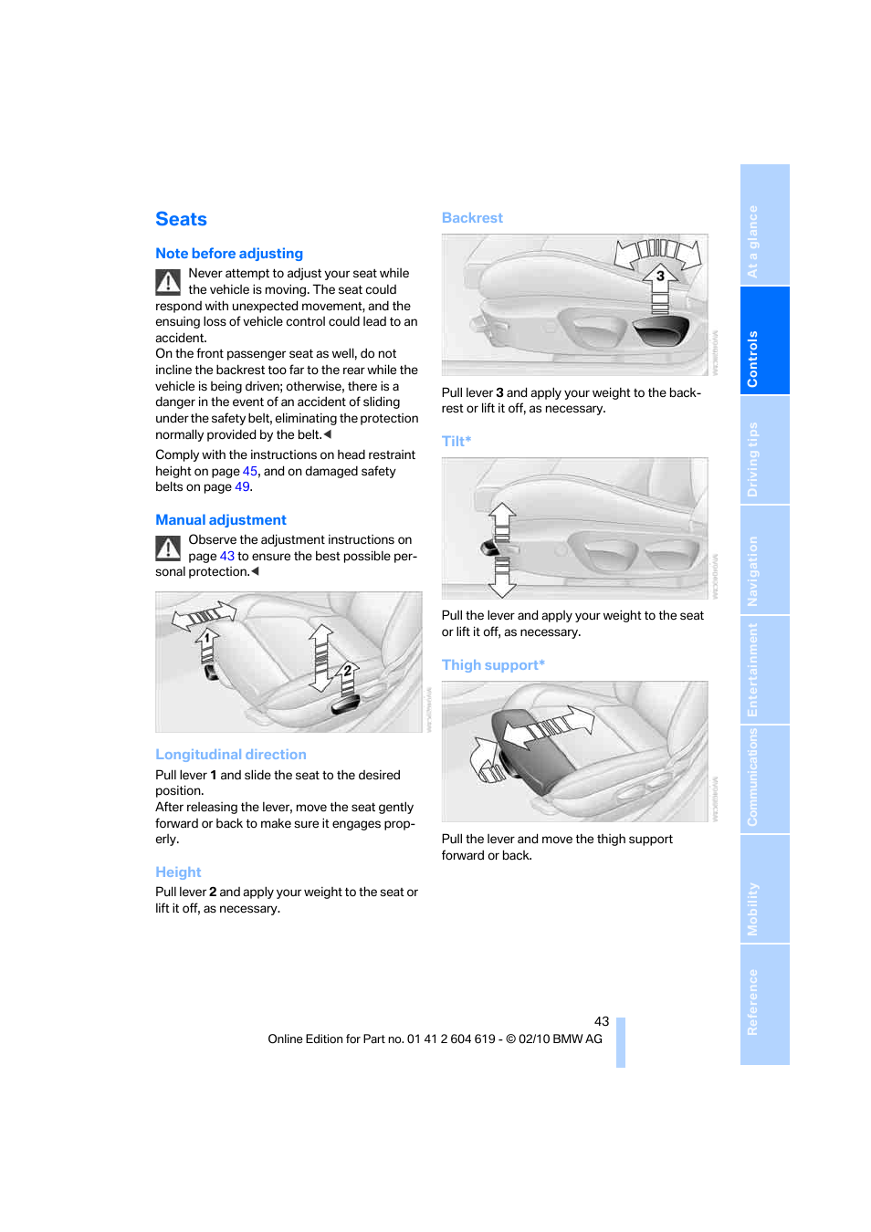 Seats | BMW 335is Convertible 2011 User Manual | Page 45 / 278