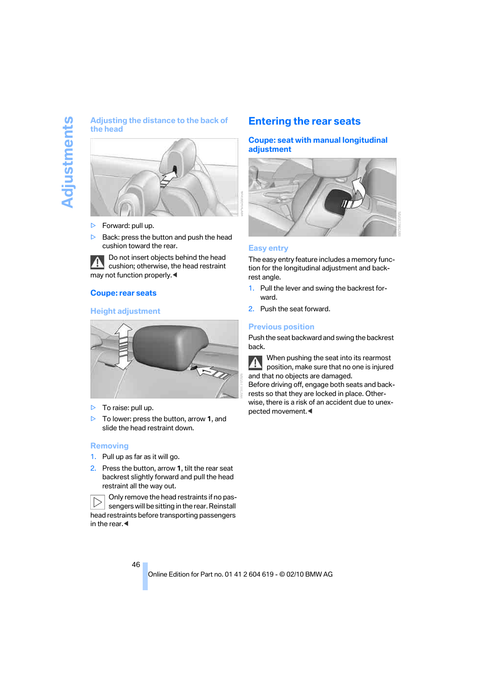 Entering the rear seats, Adjustments | BMW 335is Convertible 2011 User Manual | Page 48 / 278