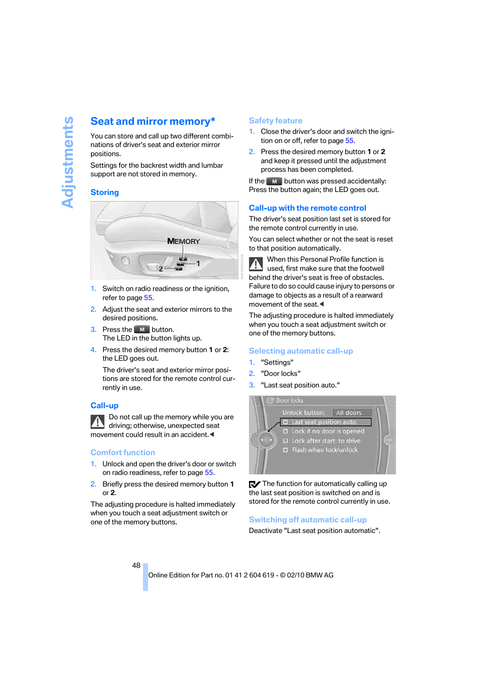 Seat and mirror memory, Adjustments | BMW 335is Convertible 2011 User Manual | Page 50 / 278