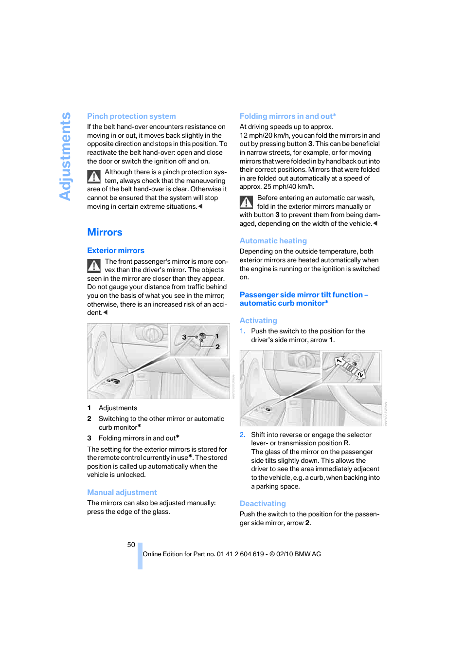 Mirrors, Adjustments | BMW 335is Convertible 2011 User Manual | Page 52 / 278