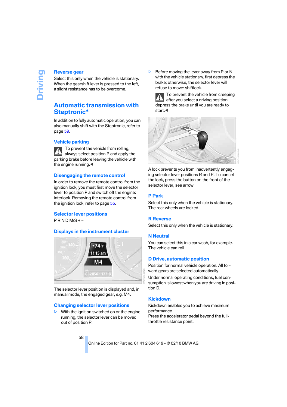 Automatic transmission with steptronic, Driving | BMW 335is Convertible 2011 User Manual | Page 60 / 278