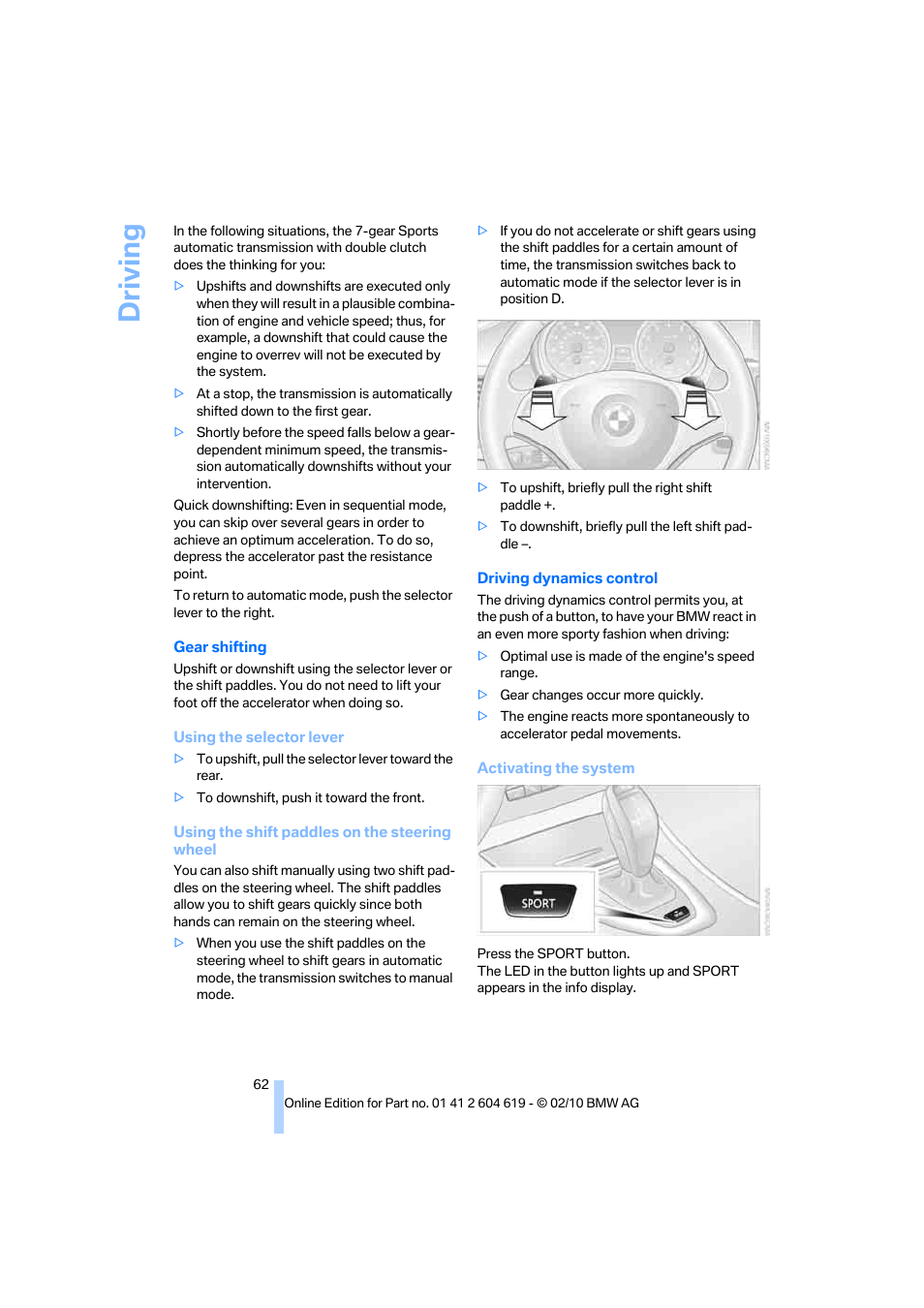 Driving | BMW 335is Convertible 2011 User Manual | Page 64 / 278