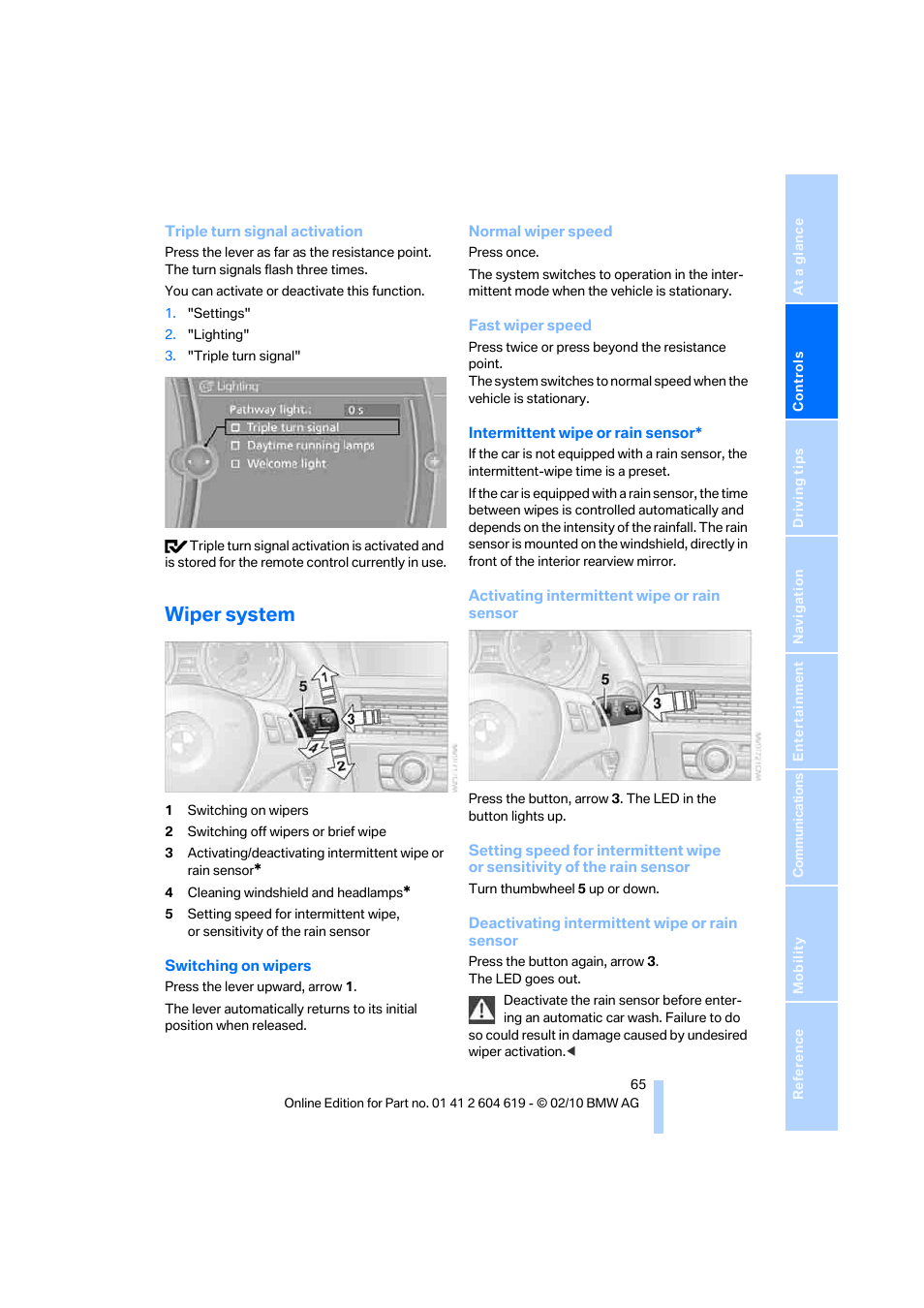 Wiper system | BMW 335is Convertible 2011 User Manual | Page 67 / 278