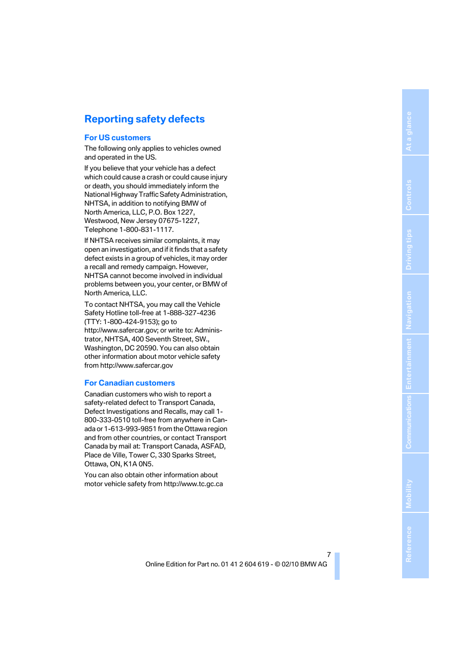 Reporting safety defects | BMW 335is Convertible 2011 User Manual | Page 9 / 278