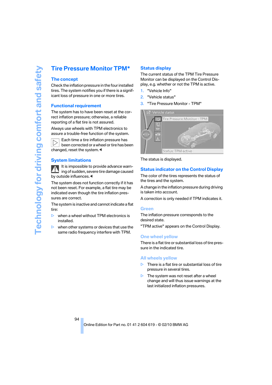 Tire pressure monitor tpm, Technology for driving comfort and safety | BMW 335is Convertible 2011 User Manual | Page 96 / 278