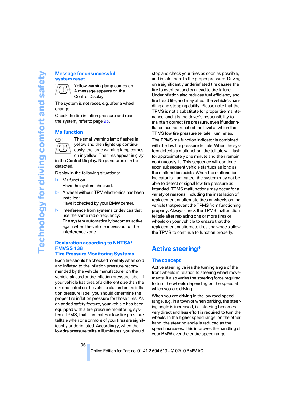 Active steering, Technology for driving comfort and safety | BMW 335is Convertible 2011 User Manual | Page 98 / 278