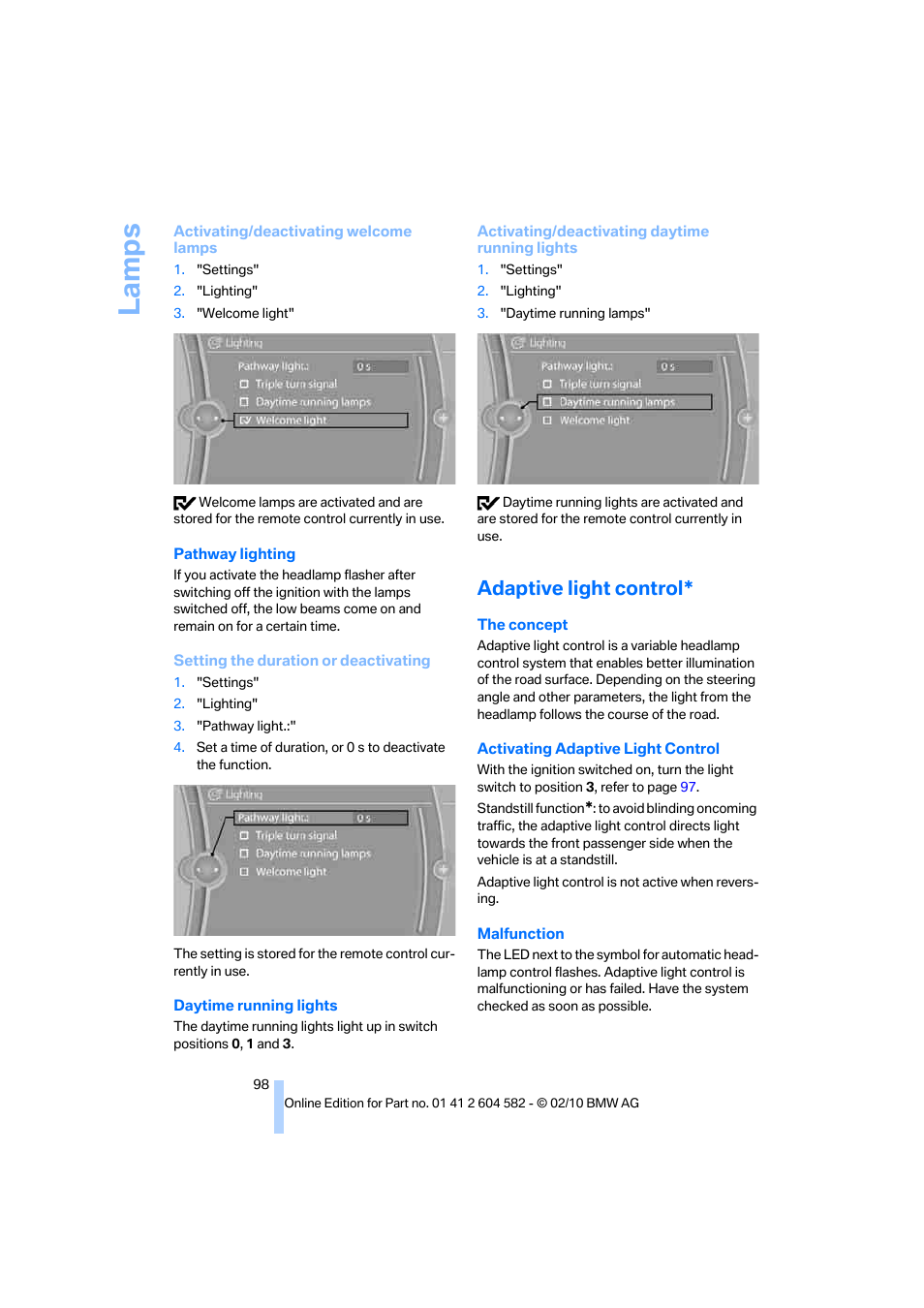 Adaptive light control, La mps | BMW 328i xDrive Sports Wagon 2011 User Manual | Page 100 / 286