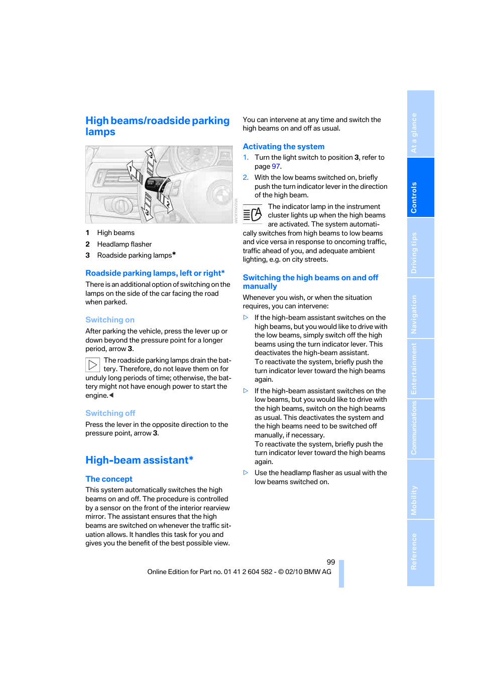 High beams/roadside parking lamps, High-beam assistant | BMW 328i xDrive Sports Wagon 2011 User Manual | Page 101 / 286