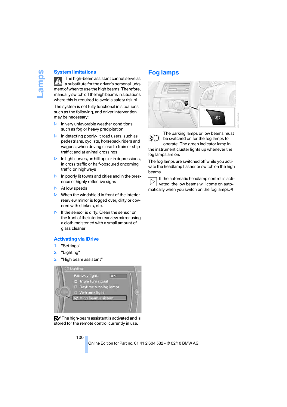 Fog lamps, La mps | BMW 328i xDrive Sports Wagon 2011 User Manual | Page 102 / 286