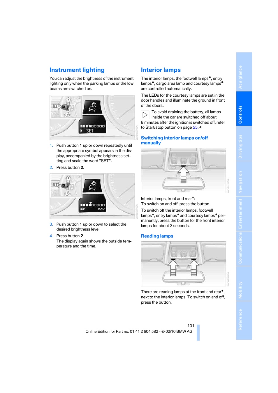 Instrument lighting, Interior lamps, Reading lamps | BMW 328i xDrive Sports Wagon 2011 User Manual | Page 103 / 286