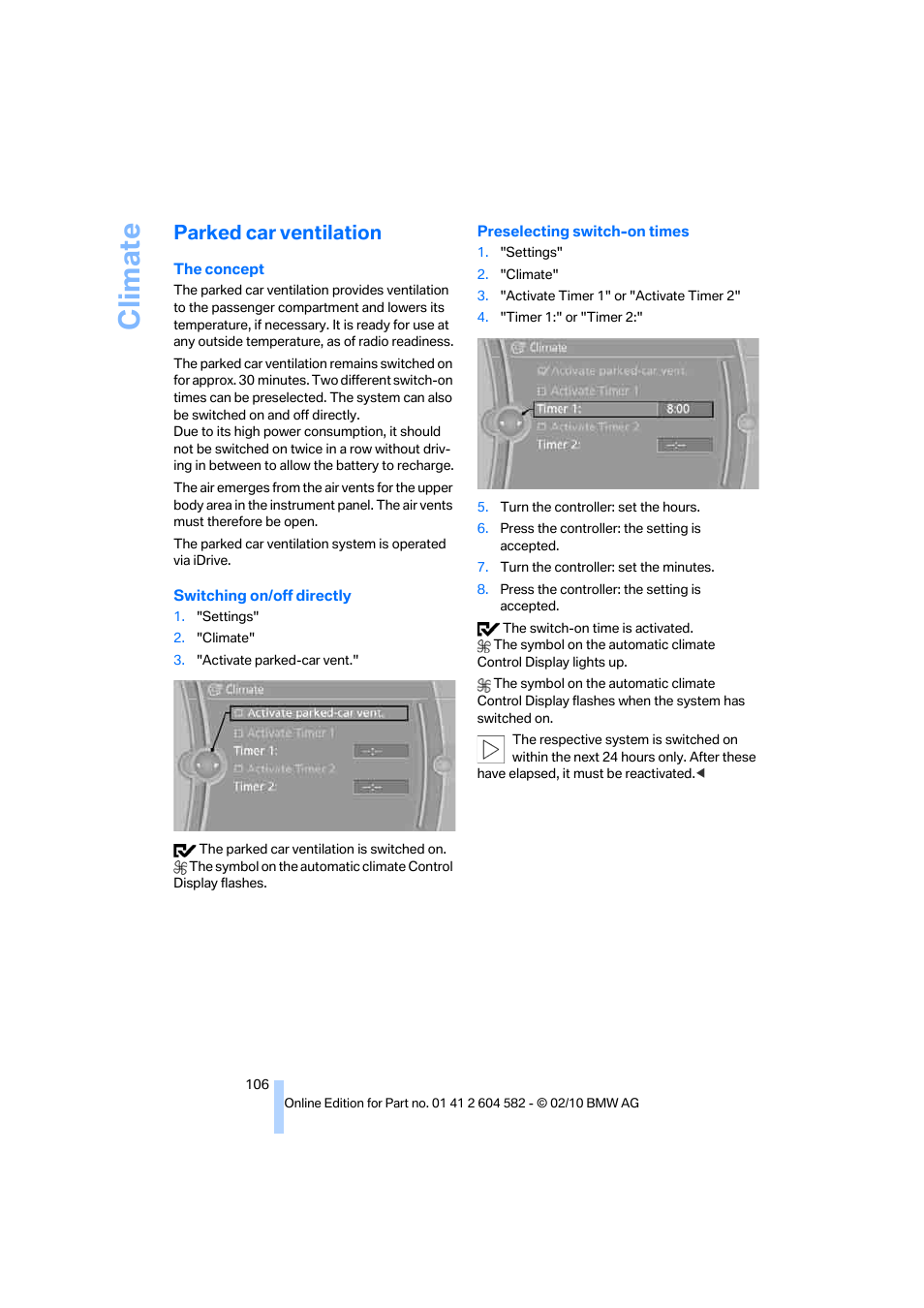 Parked car ventilation, Climate | BMW 328i xDrive Sports Wagon 2011 User Manual | Page 108 / 286