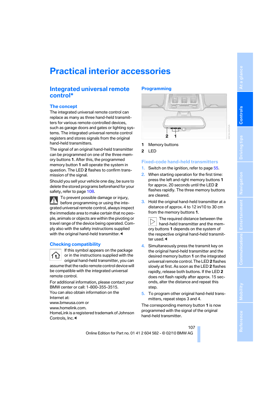 Practical interior accessories, Integrated universal remote control | BMW 328i xDrive Sports Wagon 2011 User Manual | Page 109 / 286