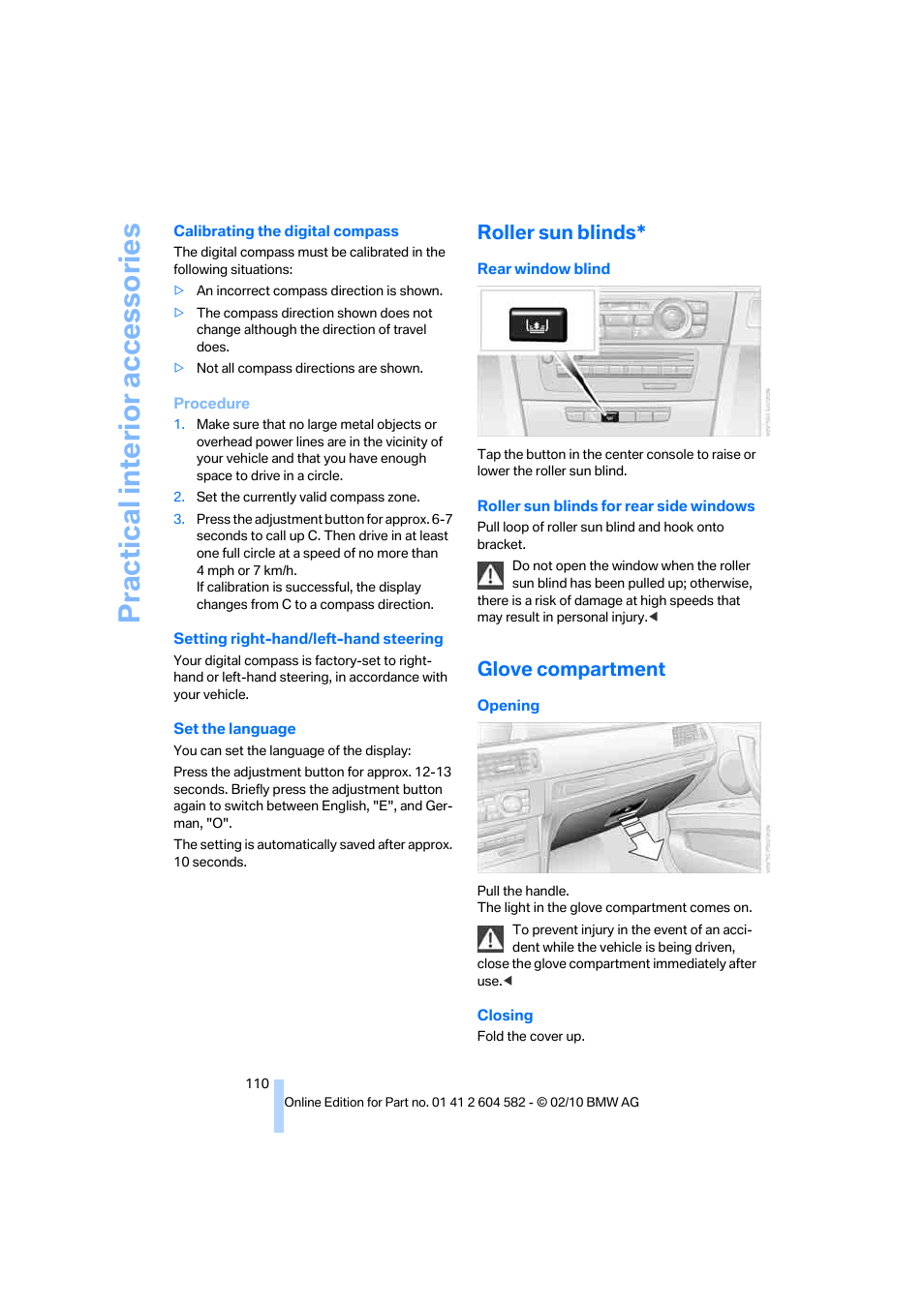 Roller sun blinds, Glove compartment, Practical interior accessories | BMW 328i xDrive Sports Wagon 2011 User Manual | Page 112 / 286