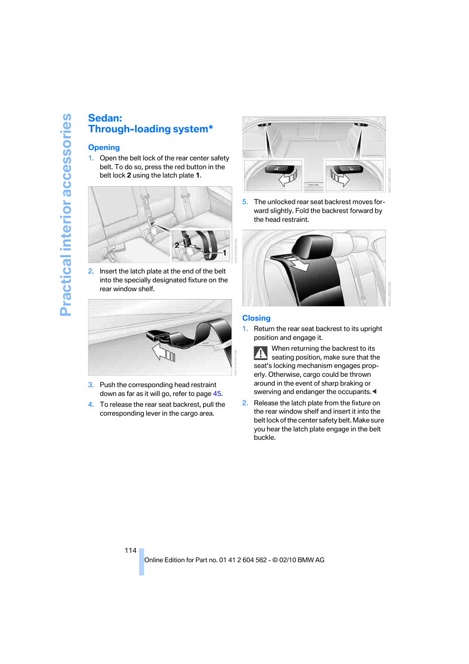 Sedan: through-loading system, Practical interior accessories | BMW 328i xDrive Sports Wagon 2011 User Manual | Page 116 / 286