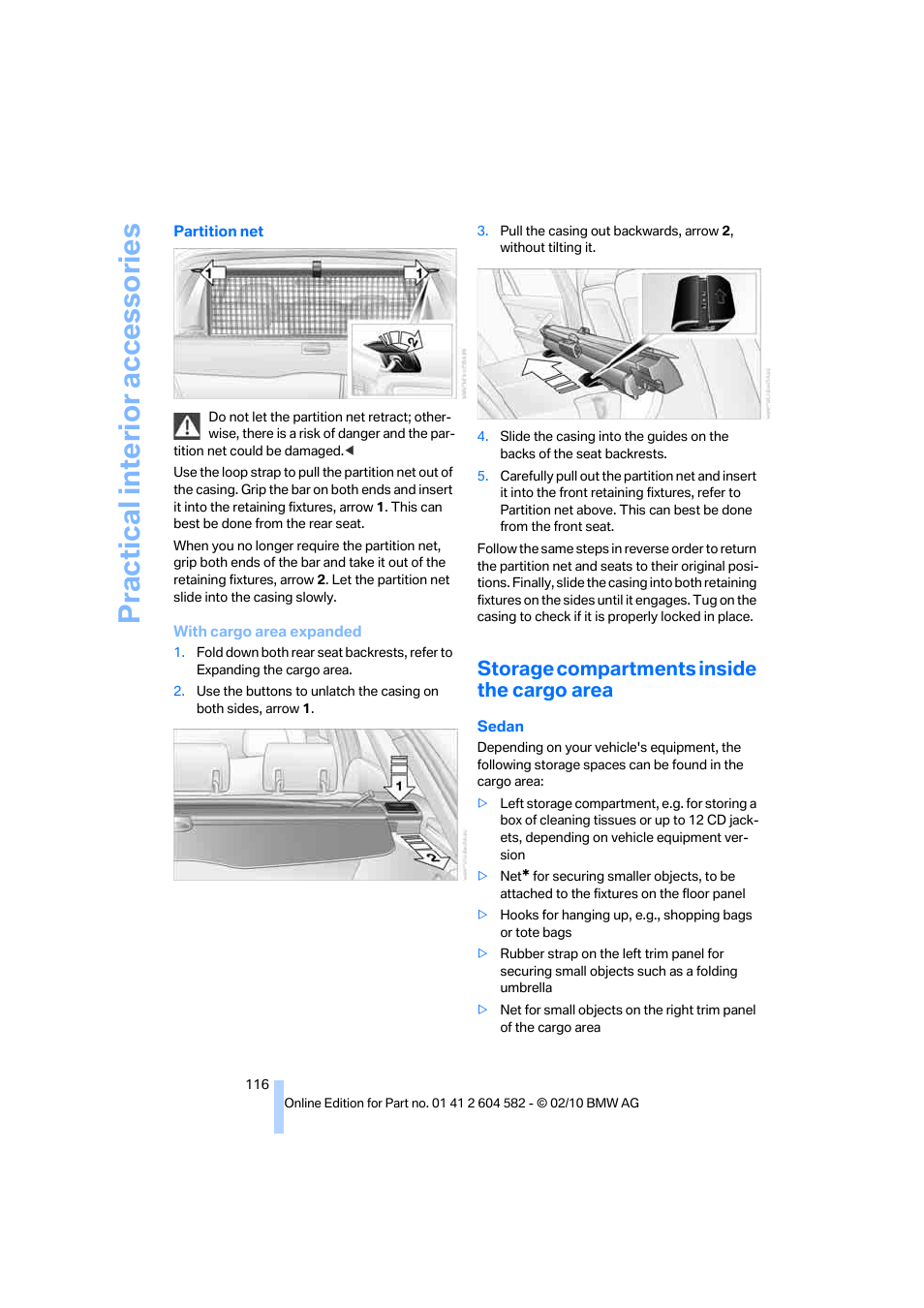 Storage compartments inside the cargo area, Practical interior accessories | BMW 328i xDrive Sports Wagon 2011 User Manual | Page 118 / 286