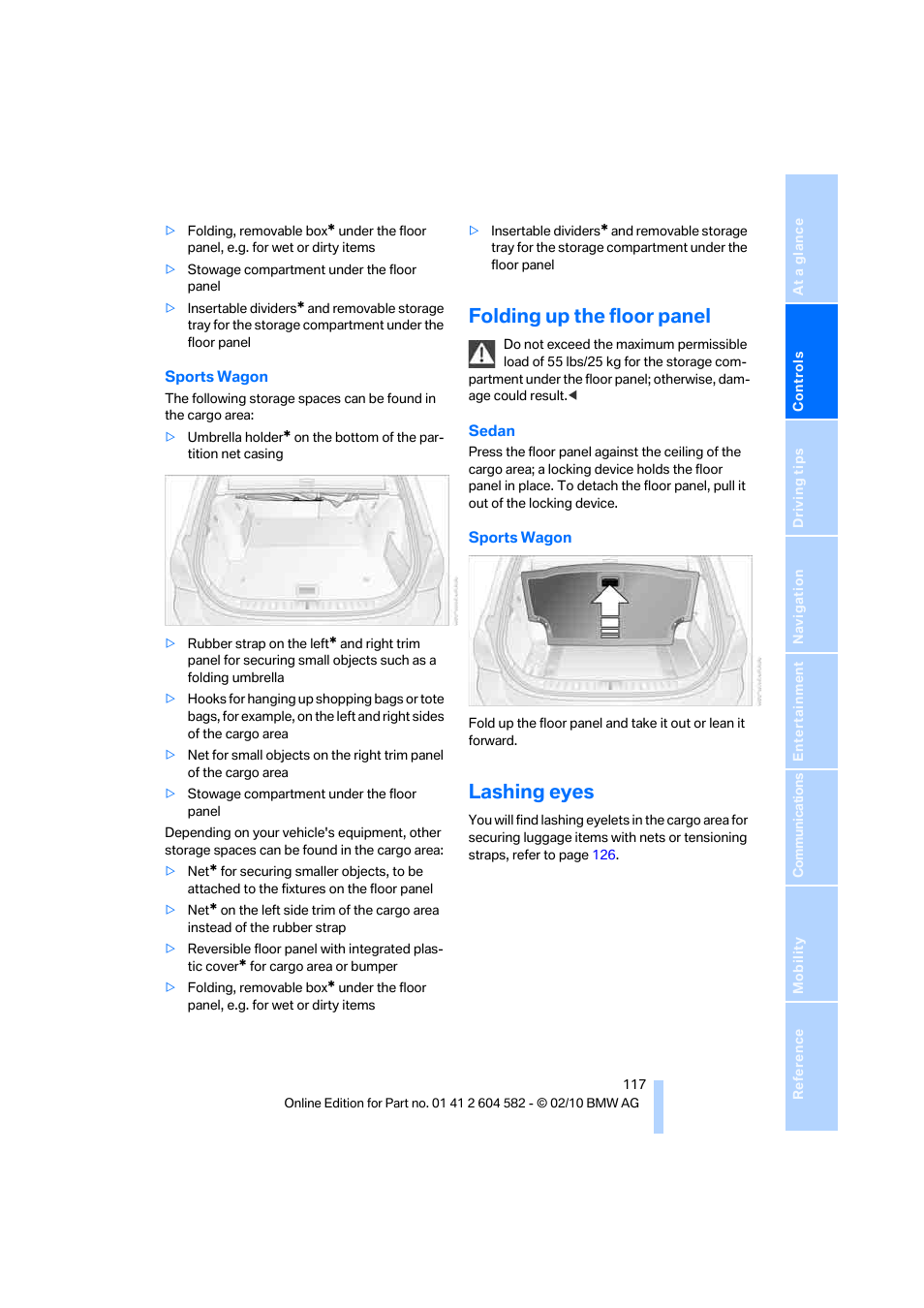 Folding up the floor panel, Lashing eyes | BMW 328i xDrive Sports Wagon 2011 User Manual | Page 119 / 286