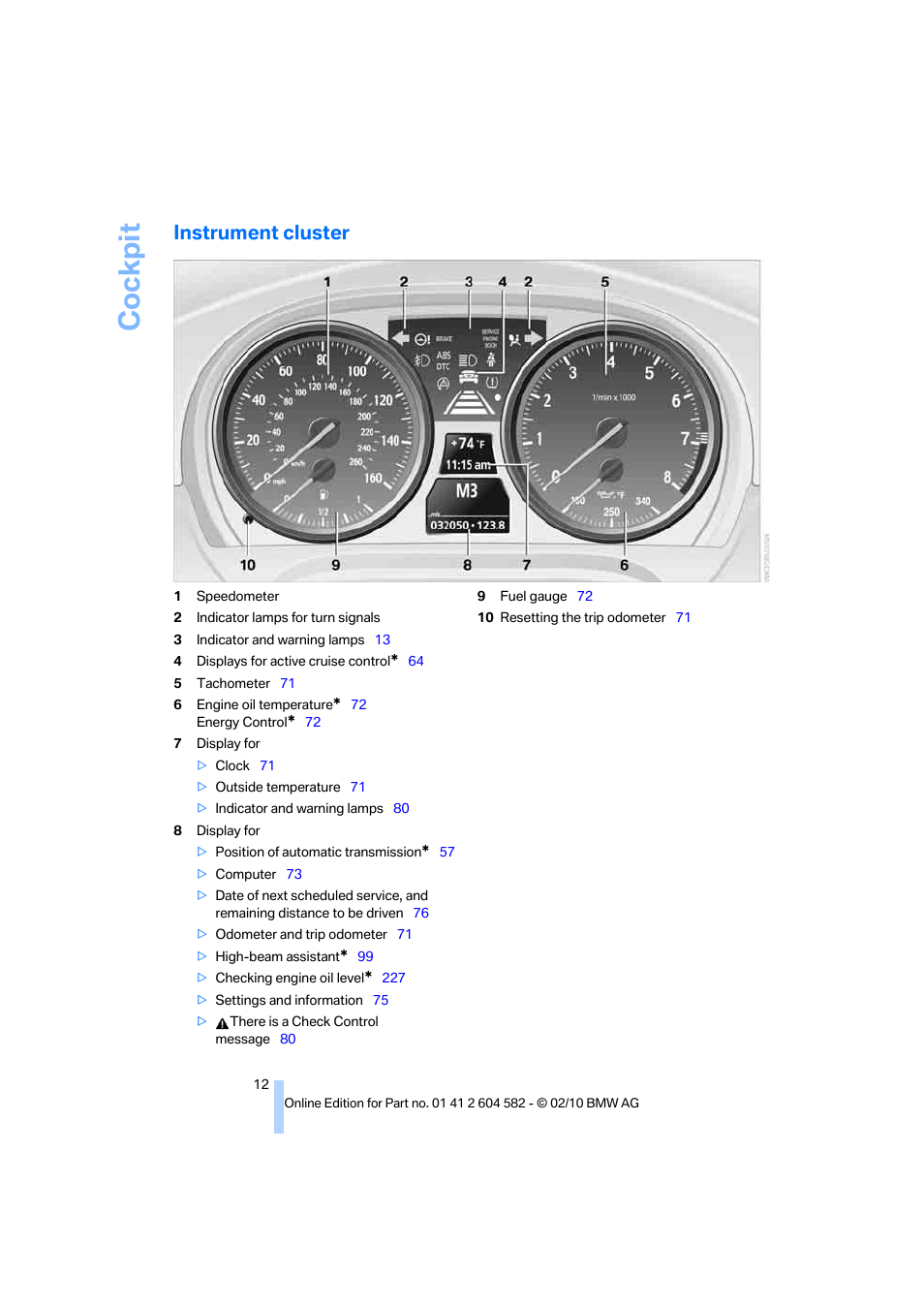 Instrument cluster, Cockpit | BMW 328i xDrive Sports Wagon 2011 User Manual | Page 14 / 286