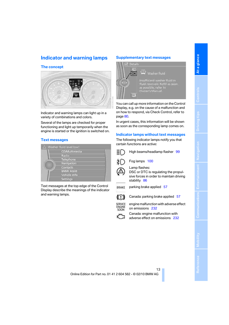 Indicator and warning lamps | BMW 328i xDrive Sports Wagon 2011 User Manual | Page 15 / 286