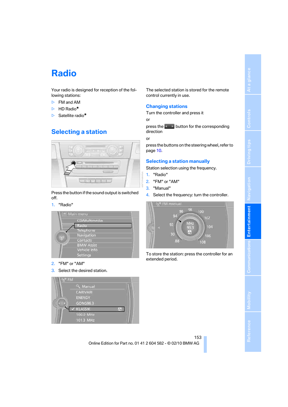 Radio, Selecting a station | BMW 328i xDrive Sports Wagon 2011 User Manual | Page 155 / 286